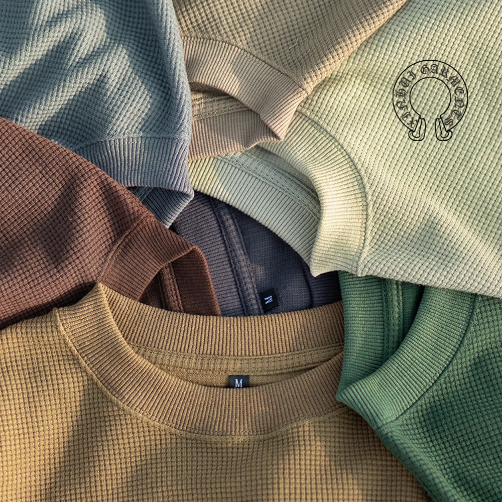 Custom Waffle Knit Long Sleeve Men Thermal T Shirts Cotton Blend Soft Blank  Solid Men Regular Fit T-Shirt