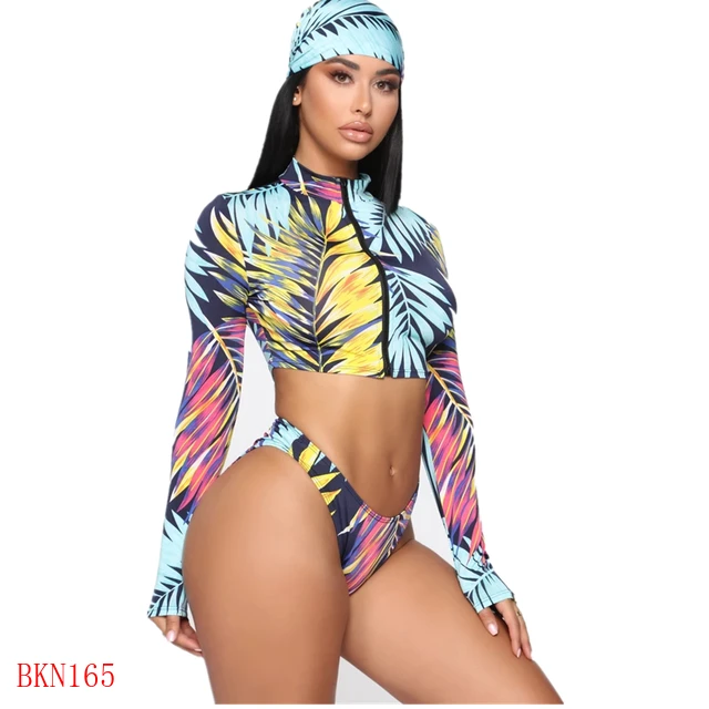 Herdomen Womens Zip-up Long Sleeve Printed Crop Top Bikini Set Swimsuits 3 Piece Outfits with Cover Up Herdomen Womens Zip-up Long Sleeve Printed Crop Top Bikini Set Swimsuits 3 Piece Outfits with Cover Up