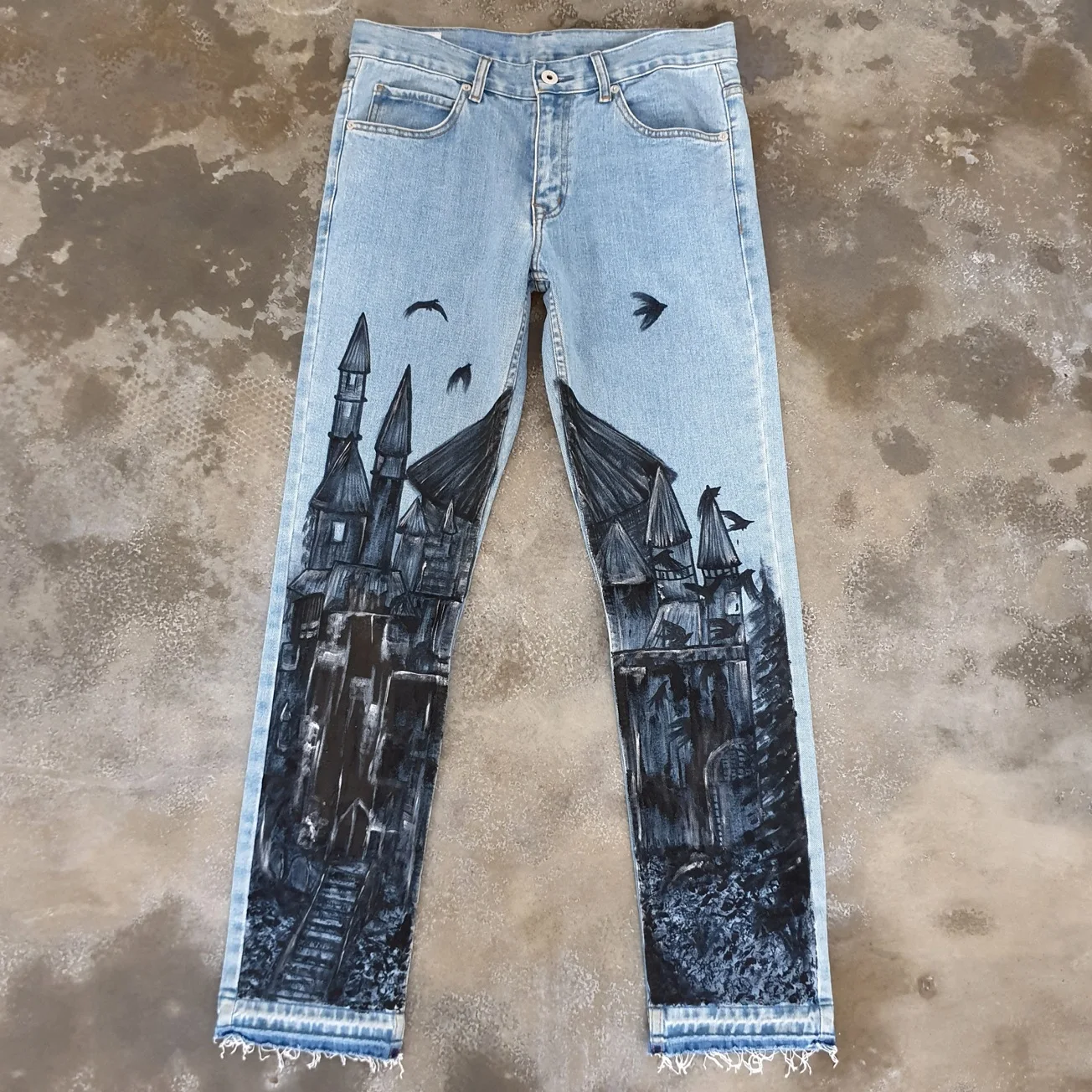 DiZNEW Castle Hand Painted Design Trousers Painting Effect Casual 