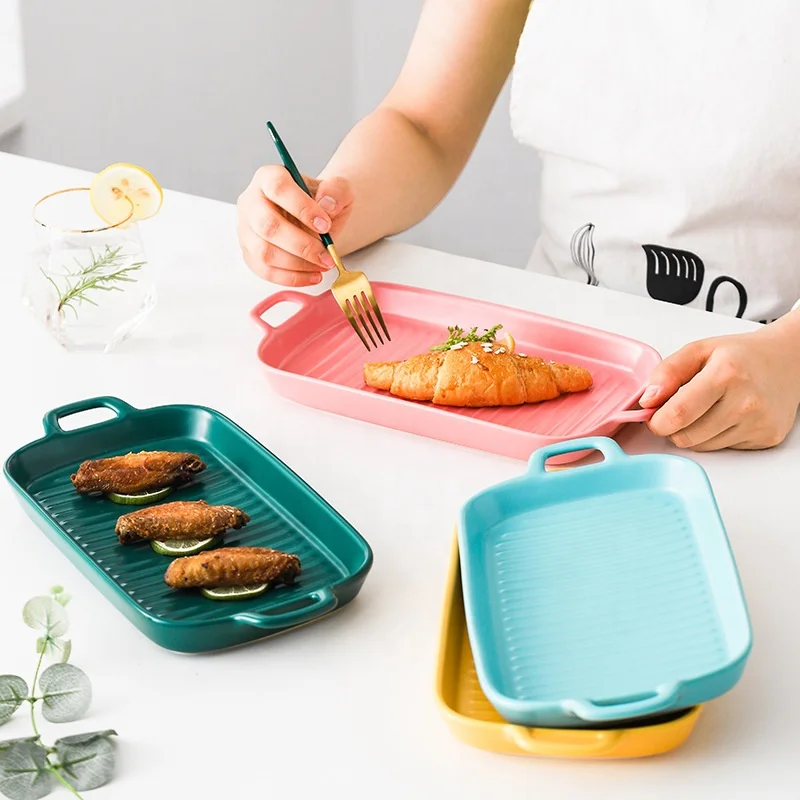 Rectangular Color Glazed Ceramic Pan Porcelain Stoneware Non Stick Kitchen  Baking Tray Bakeware Plate Baking Dish with Handles