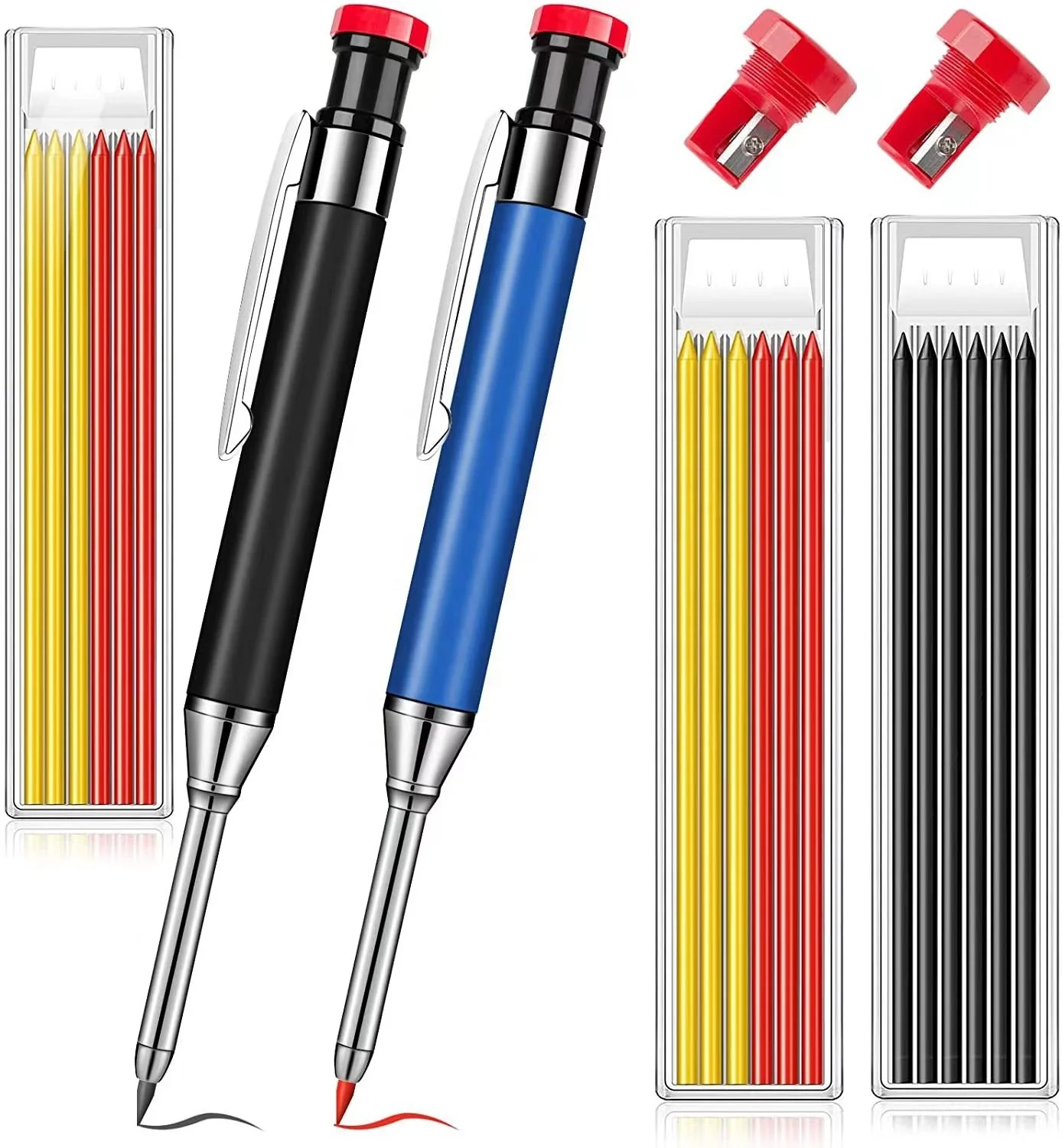 Solid Carpenter Pencil Set for Construction Built-in Sharpener Deep Hole Mechanical Drawing Pencil for Wood Glass Ceramic Metal