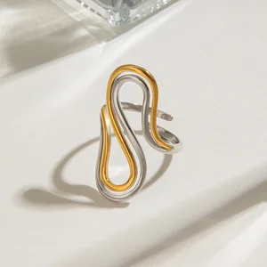 MW Women's Minimalist Fashion 18K Gold-Plated Stainless Steel Geometric Double Layer S-Shaped Ring Waterproof Adjustable Daily