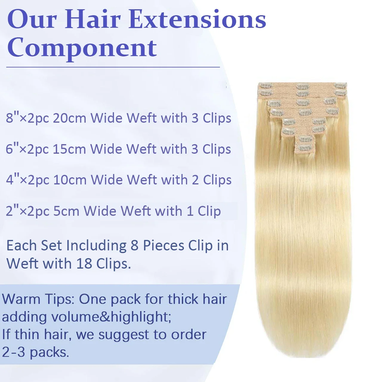 Extensii de păr blonde cu clipsuri, culoare os, 8 buc., păr Remy brazilian, 18 clipsuri, 16-26 inci_voghion.com