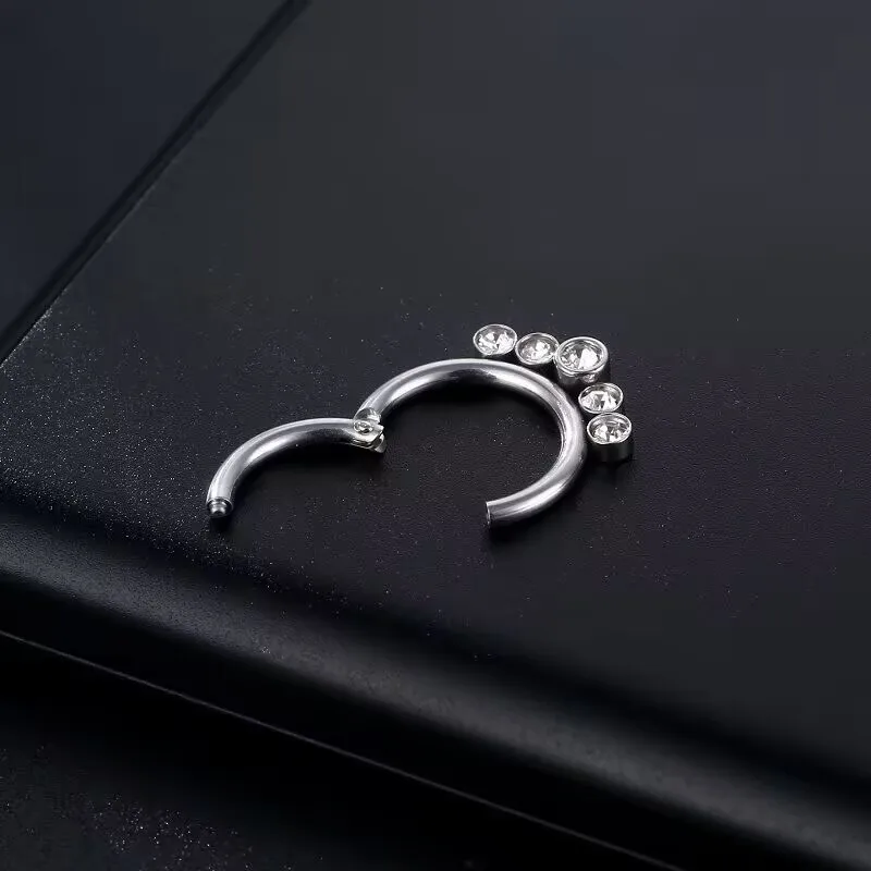 G23 Implant Grade Astm F136 Titanium Bezel Set 5 Jewelled Hinged Clicker Ring Earrings Septum Nose Hoop Piercing