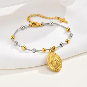 Fashion Women Men Stainless Steel Charm Cross Virgin Mary Bracelet 18k Gold Plated Beads Chain Bracelet