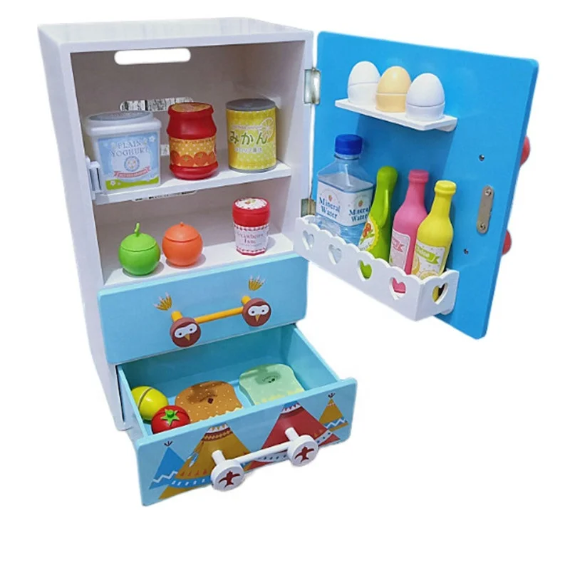 Wooden Mini Refrigerator Furniture Kids Gift with Food Set Fridge  Decorations for Kitchen Toy Play