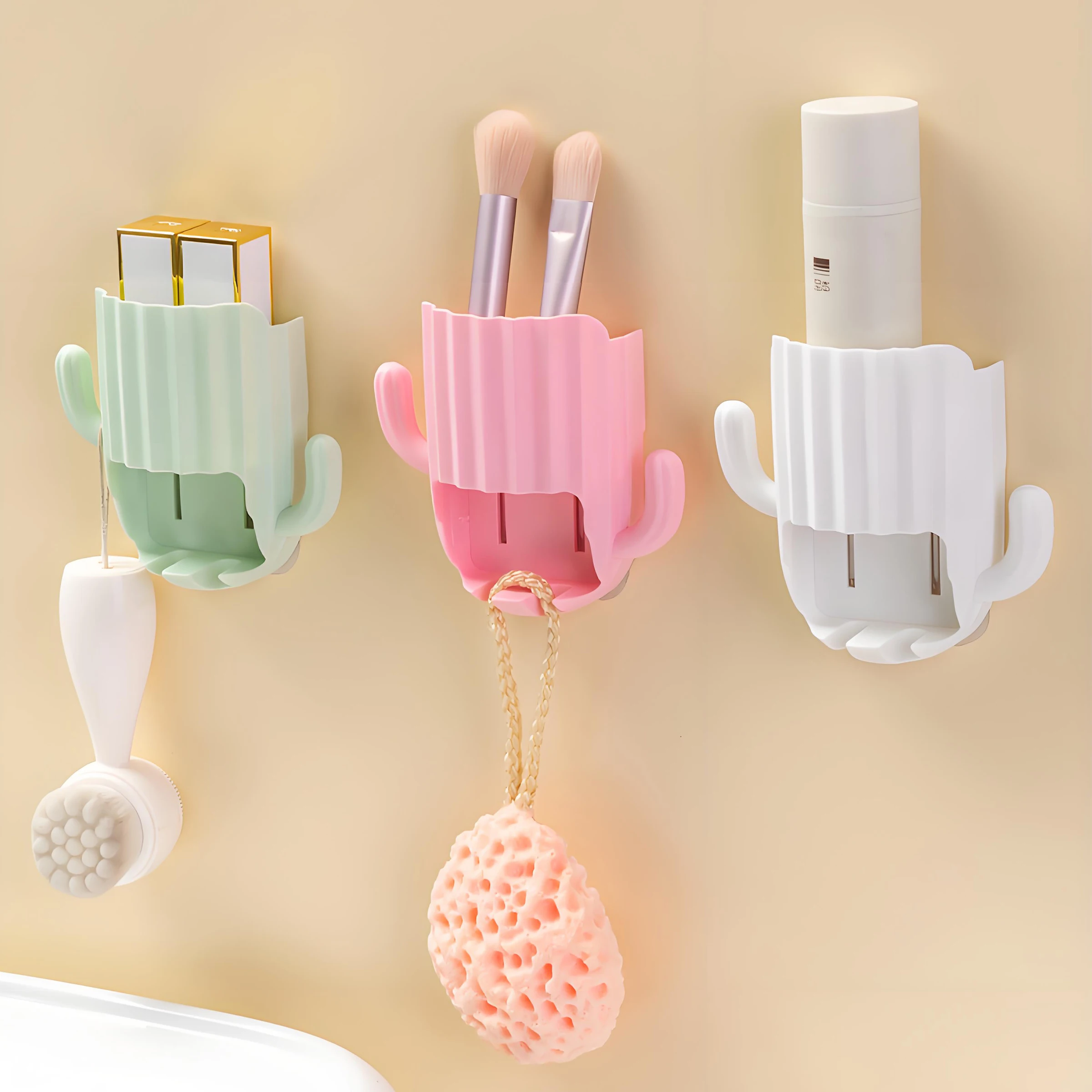 Cactus Single-Tier Toothbrush Holder with Adhesive Tape Storage Rack Multi-Functional PP Plastic Rack