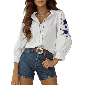 Custom High Quality Spring Autumn Causal Floral Embroidered Bracelet Sleeve Long Sleeve V-neck Shirt for Women