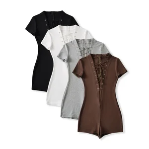 Viviblook Z717RP01 2026 Solid Color Casual Hot Girl Sexy Drawstring Strap Deep V-neck Short Sleeved Slim Fit One Piece Romper