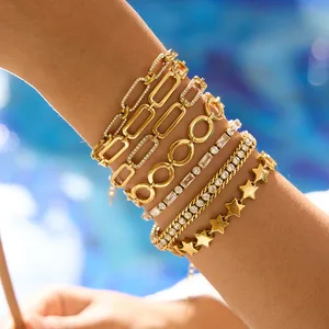 MW  18K Gold-Plated Chain Bracelet Set: Stackable Fashion Zircon Jewelry with Celestial Star Charms Layered Style for Women