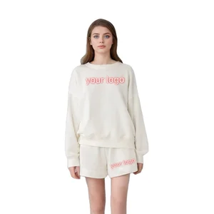 Custom Fashion Women's Casual Short Set 440/500/600G Fleece Pants with Long Top Logo Pattern above Knee Length ODM Supply