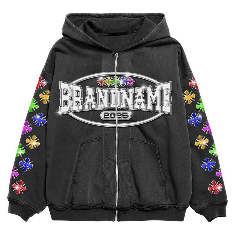 Custom Rhinestone Printing Men's Zip-Up Hoodie with 450grams Fabric Weight and Ribbed Hem Streetwear Tracksuit