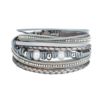 Boho Designer Multi-circle Magnetic Buckle Bracelets Leather and Pearl Wrap Bracelet for Men and Women