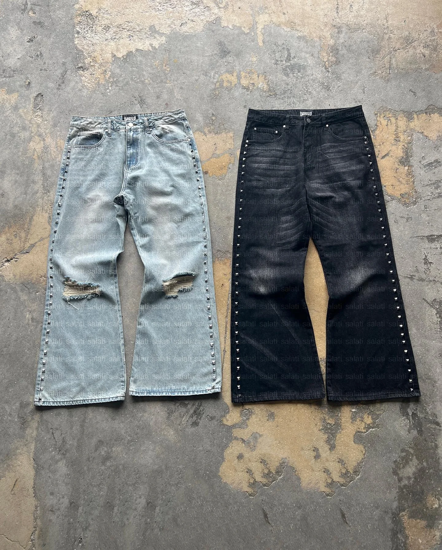Jeans Manufacturer Stainless Steel Studded Cotton High Waist Selvedge Vintage Distressed Baggy Denim Pants Flared Jeans for Men