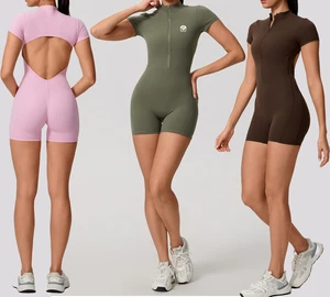 Women Breathable Fitness Yoga Wear Outfit One Piece Bodysuit Gym Clothes Workout Fitness Shorts Sleeve Sport Jumpsuit Sportswear