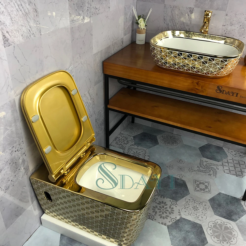 SDAYI Bathroom Golden Design Wc Toilet Ceramic Gold Color Wall Hung