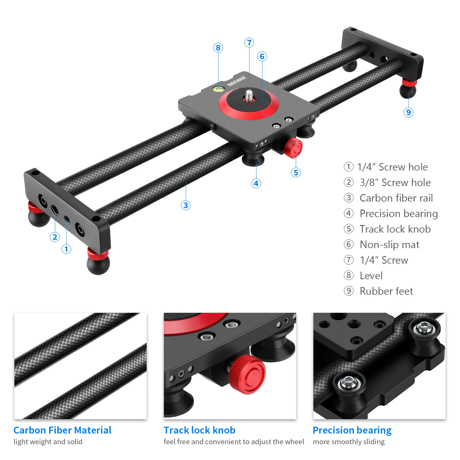 Neewer カメラスライダー カーボンファイバー ドリーレール、16インチ