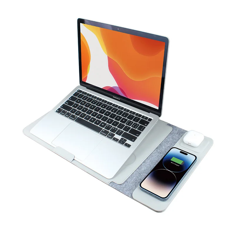 Kundenspezifisches Logo, magnetische Mausunterlage als Schreibtischmatte, 3-in-1-Laptoptasche aus PU-Leder mit drahtlosem Laden