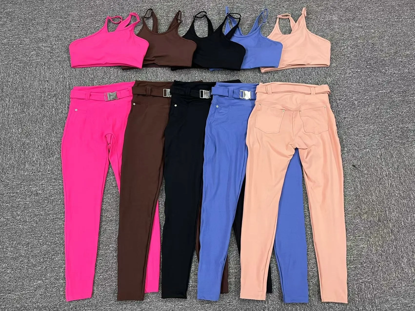 product 2024 new denim pocket shape tight yoga suit women adjustable waist fitness clothing with belt workout two piece yoga conjuntos-63