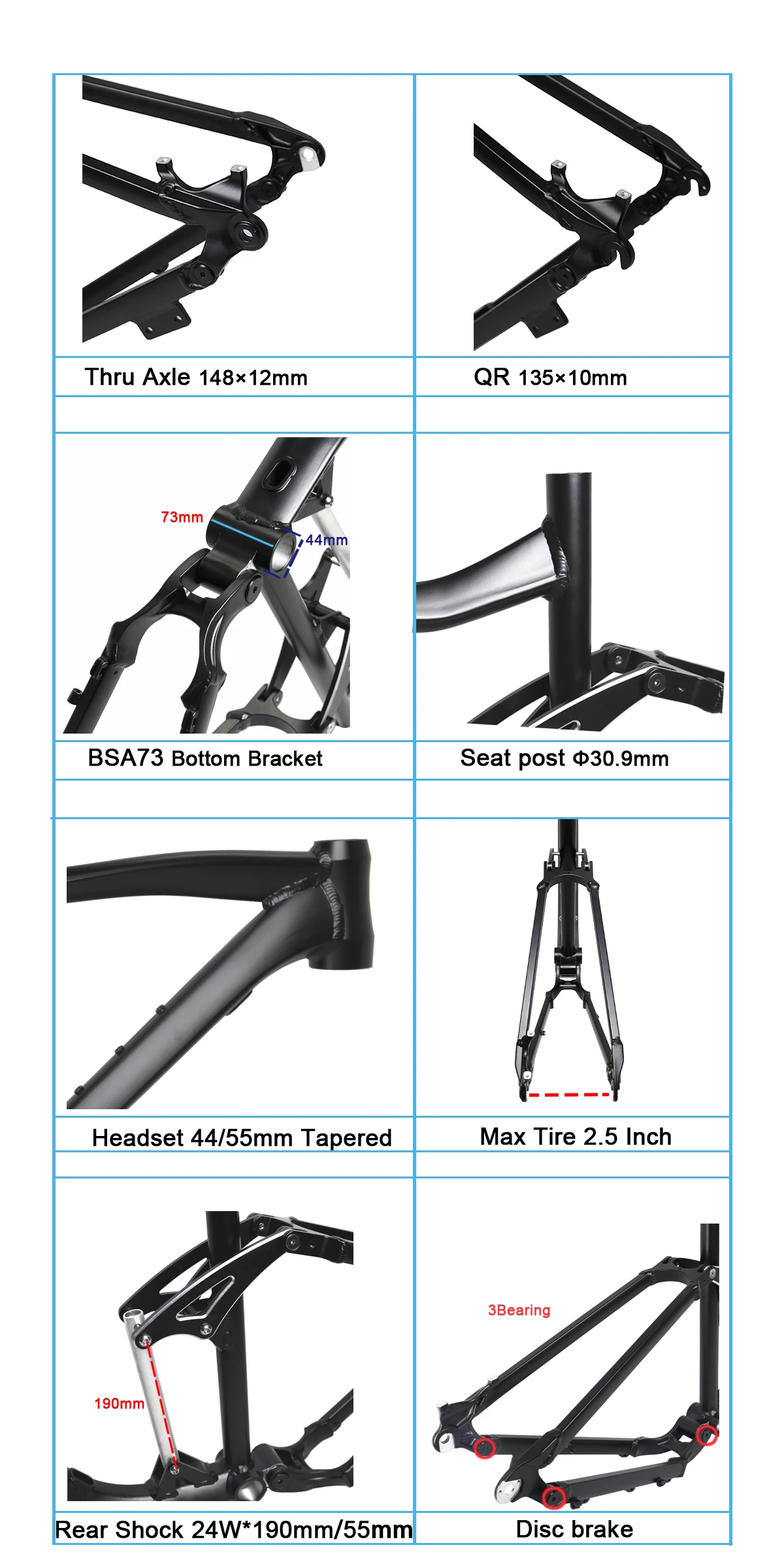 Electric Assist Ebike Frame 27.5 29er Full Suspension Frame Battery