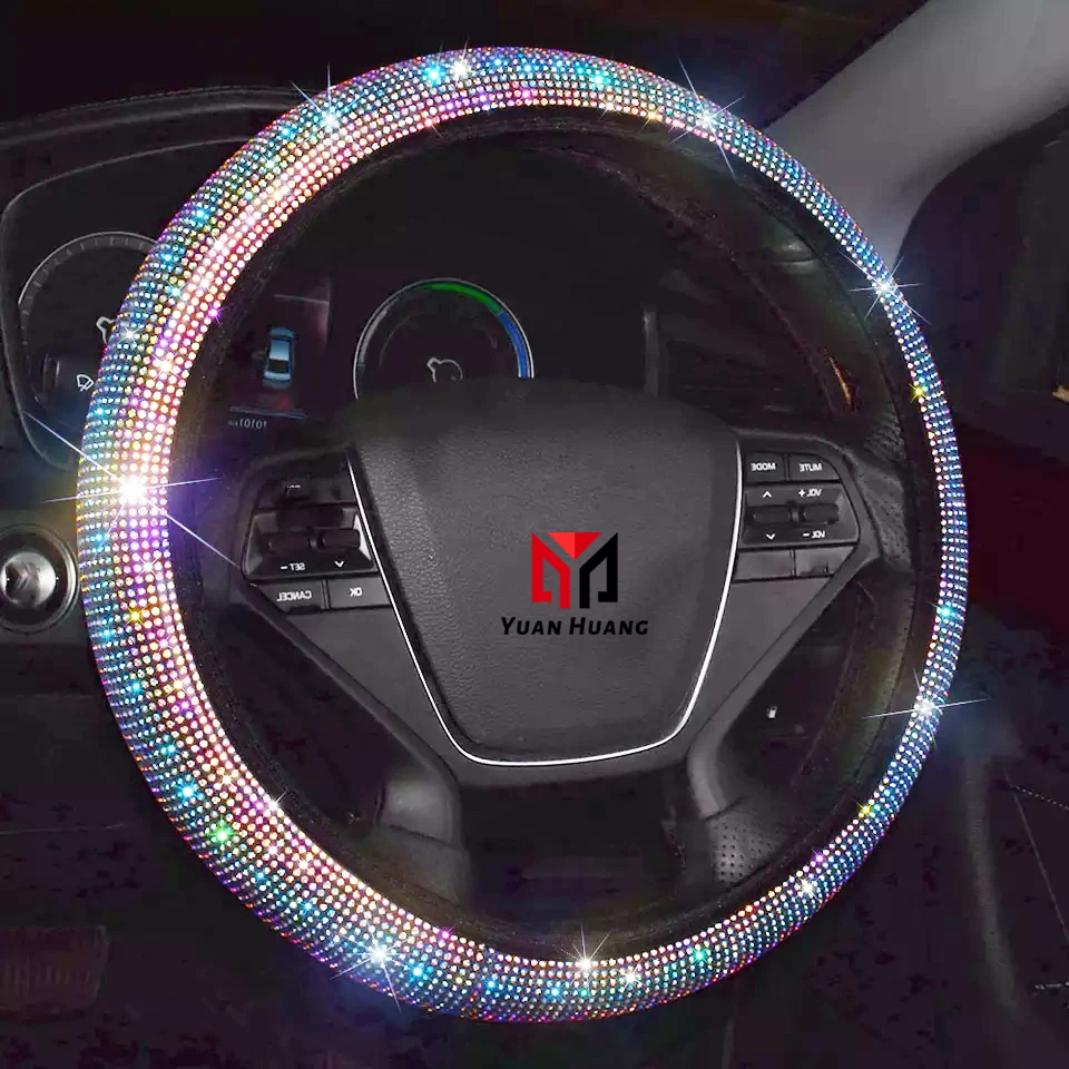 Bling Rhinestones Car Steering Wheel Cover Crystal Diamond Sparkling Car Breathable Anti slip Steering Wheel Protector 38cm 38cm