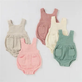 Summer Organic Cotton Muslin Baby Clothes Sleeveless Romper Strap Pants With Pocket Solid Baby Bodysuit