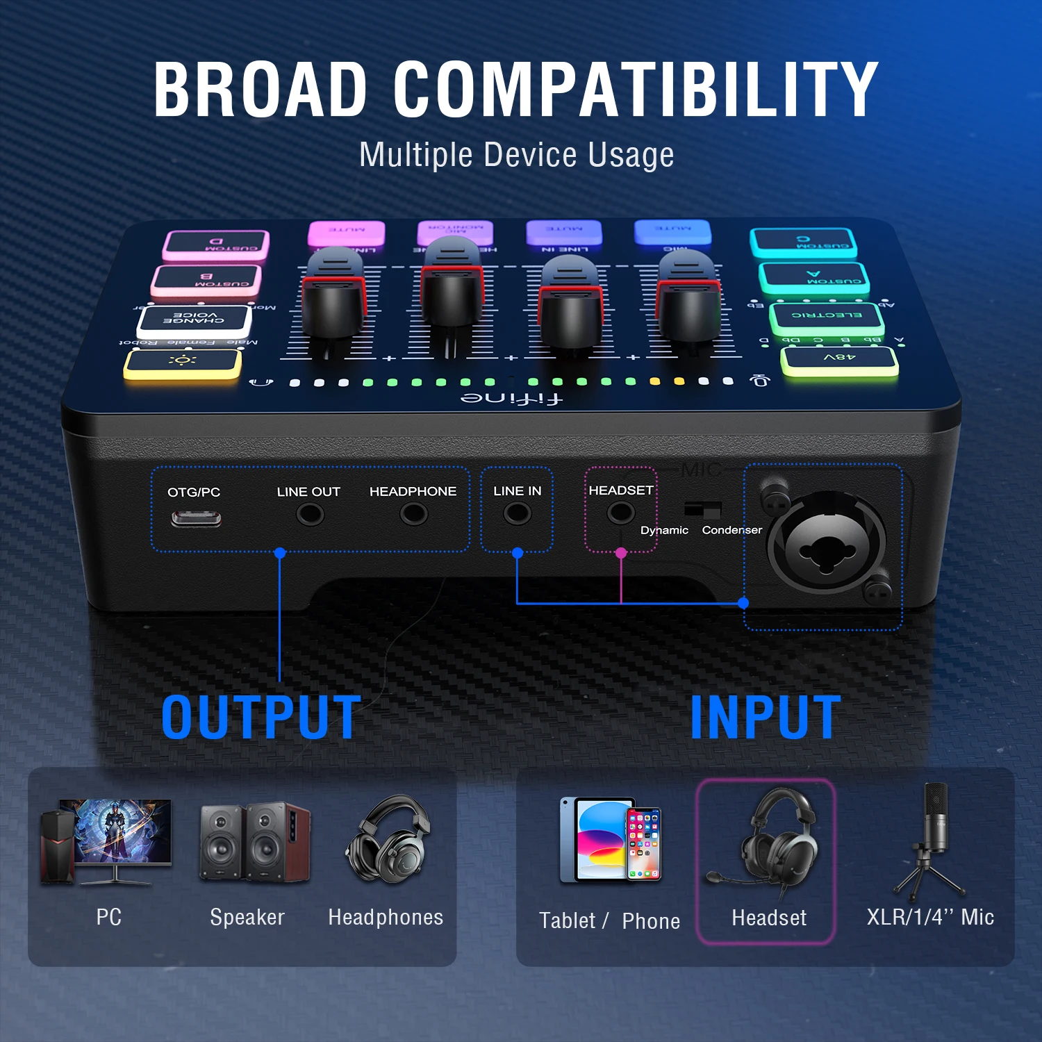 For Fifine SC3 XLR Podcast Audio Sound Card USB PC Recording Studio Portable Live Streaming Audio Interface Mixers