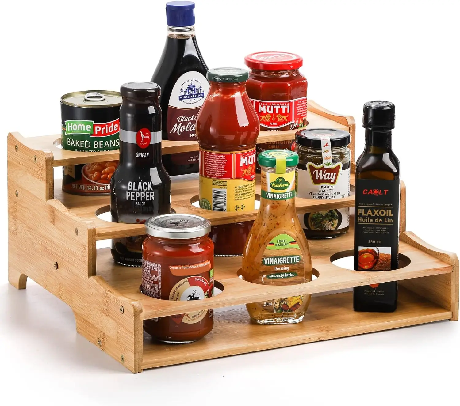 product 3 tier bamboo spice  wine rack countertop freestanding kitchen organizer eco friendly multifunctional step storage shelf-1