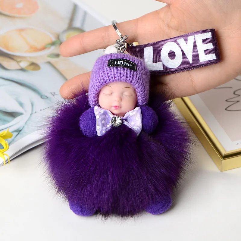 15cm Pompom Sleeping Baby Keychain Cute Fluffy Plush Doll