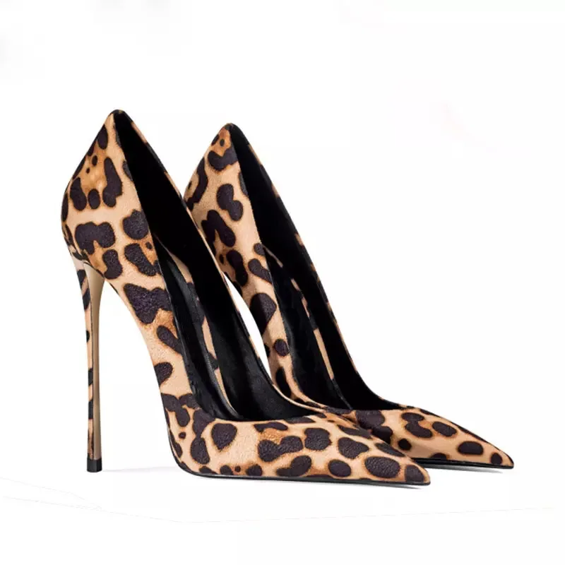 Xinzirain Customize Latest Design Ladies High Heels Shoes Leopard Print Shallow Mouth 12cm Pencil Heel Women Leopard Heel Pumps