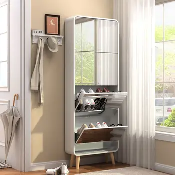 Mirror Shoe Cabinet for Entryway, Narrow Shoe Storage Cabinet with 4 Flip Drawers, Legs, Anti-Tip Device