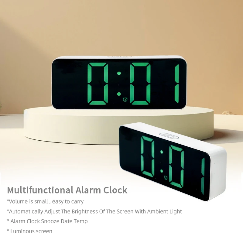 Multi-function Dual Power Electronic Big Screen White Green LED Mirror Desk Table Digital LED Alarm Clock
