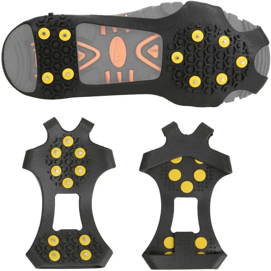 BETLLEMORY Tacchetti da ghiaccio, tacchetti di trazione antiscivolo sopra scarpe/stivali, ramponi in gomma con 10 tacchetti in acciaio + 10 tacchetti di ricambio extra (M, nero