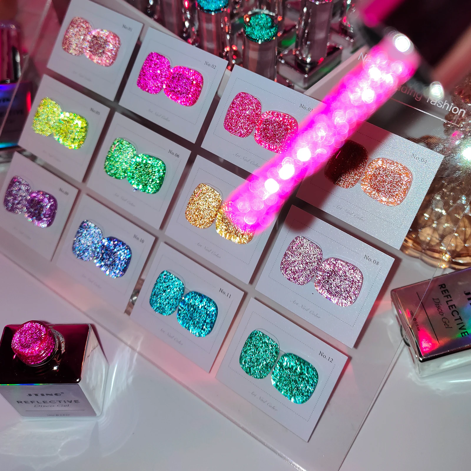 JTING 프리 리플렉티브 디스코 젤 유니크 박스 커스텀 프리 컬러 카드 12컬러 다이아몬드 디스코 젤 네일 폴리시 컬렉션 OEM  공급| Alibaba.com