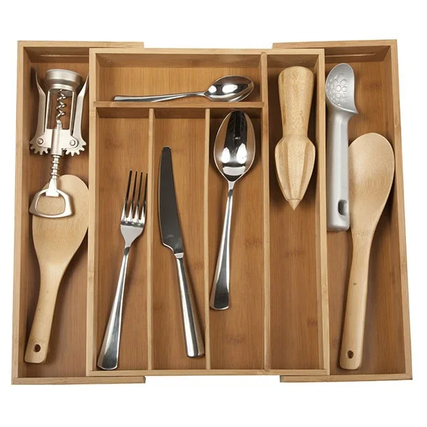 
 Бамбуковый поднос для столовых приборов, кухонный ящик-органайзер, складные разделители для ящиков  