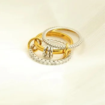 Non Tarnish Dainty 18k Gold Plated CZ Cubic Zirconia Rings Multi-Link Connected Brass Rings for Women Stackable Gifts