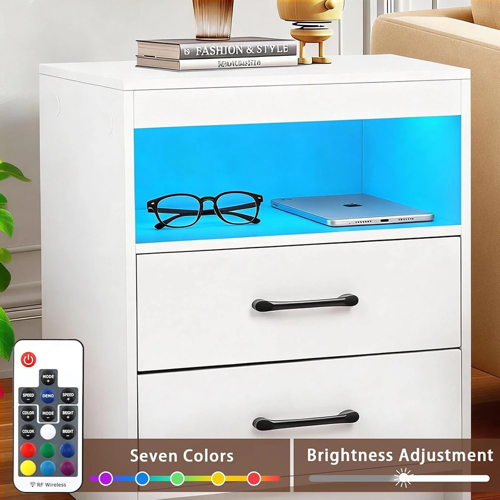 product modern wooden nightstand charging station led ambient light usb c ports 2 drawers open compartment nu deco bedroom furniture-4