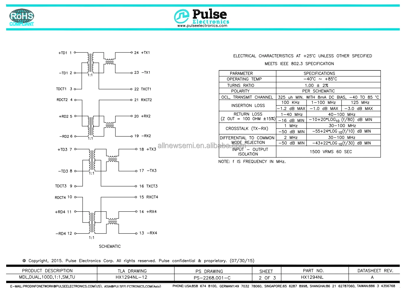 Hot sale Original HX1294NL Transformer MODULE XFRMR LAN 10/100 SMD 325uH LAN Base-T Pulse Transformer 1CT Surface Mount