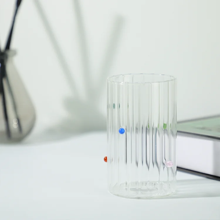 Custom Designed Reusable Borosilicate Glass Coffee Mug Striped Drinkware with Colored Glass Beads for Coffee & Tea