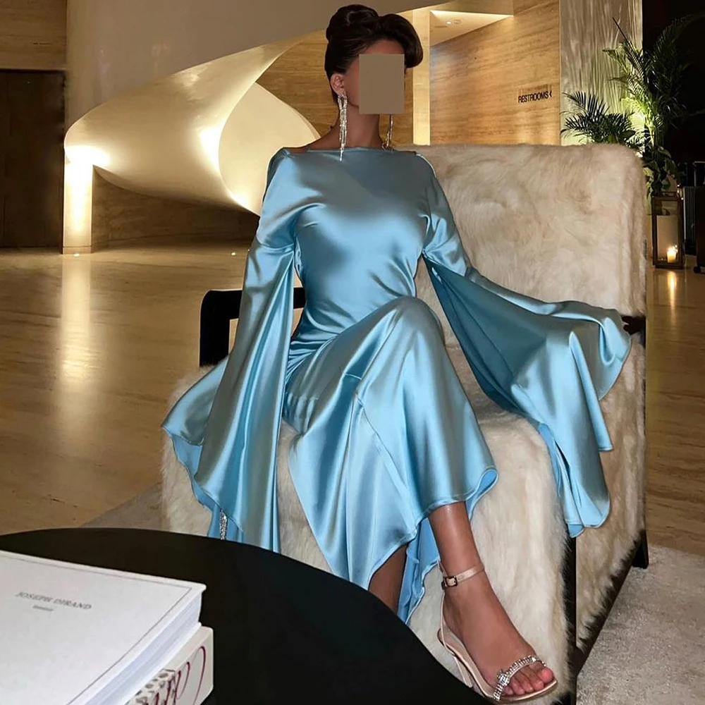 Silk Satin Turquoise Blue Long Sleeves Mermaid Dubai Evening Dresses for  Woman Wedding Party Arabic Formal Gown Sf040-1