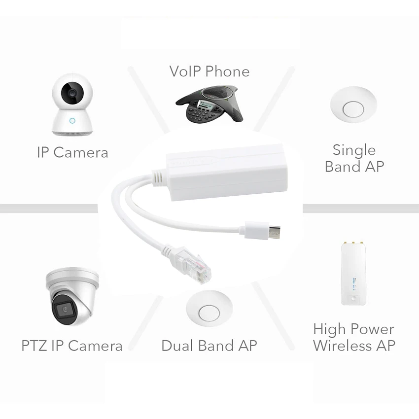 Gigabit PoE Splitter Input 48V Output USB C 5V 2.4A with IEEE 802.3af/at Standard 10,100 Mbps for PoE IP Cameras