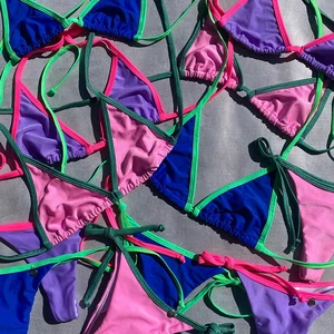 Manufacturer Oem Two Piece Beachwear Swimwear Custom logo Embroidered Tie Strap Design Women Color Block Triangle Bikini Set