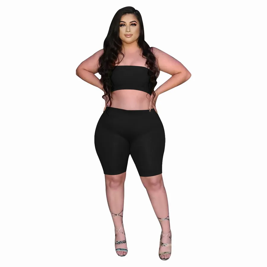2021 P5081 women summer clothing solid color bra top and pants shorts sexy bodycon plus size 2 two piece sports set
