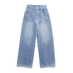 Cross-border Winter Vintage Mid Waist Casual Straight Light Blue Wash Fleece Jeans Washable Solid Color Simple