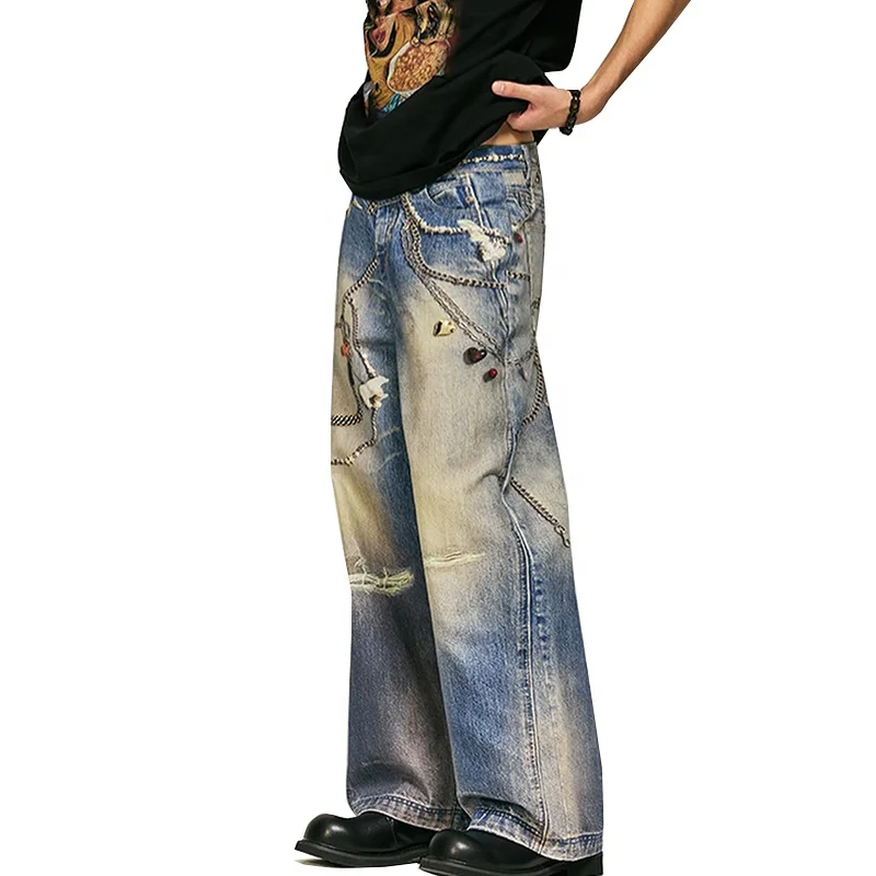 EDGE DENIM Jeans Manufacturer Custom Designer Wide Leg Dtg Digital Printing Baggy Jeans Men