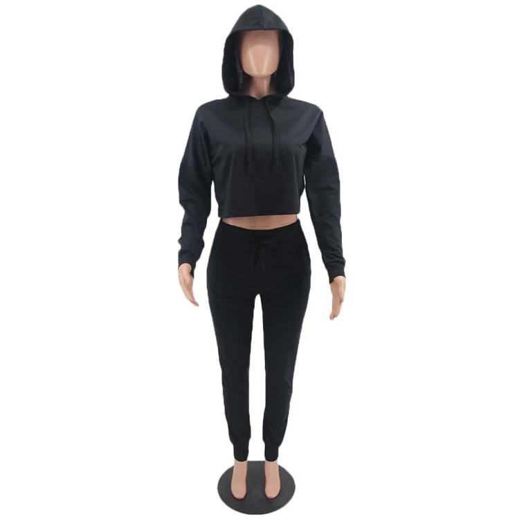 high quality fashion pullover cropped hoodie set solid color womens sweatshirt set