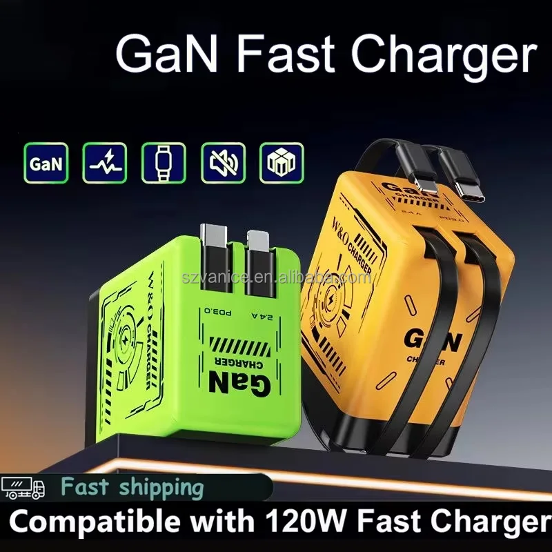 120W USB-C PD GaN Fast Charger With Retractable Type C Charging Cable EU/US/UK Plug for Samsung Quick Charge Power Adapter