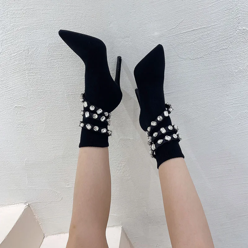 Winter Women Shoes Point Toe Black Platform Stiletto Heels Clear Rhinestone Ankle Short Boots - Image 3