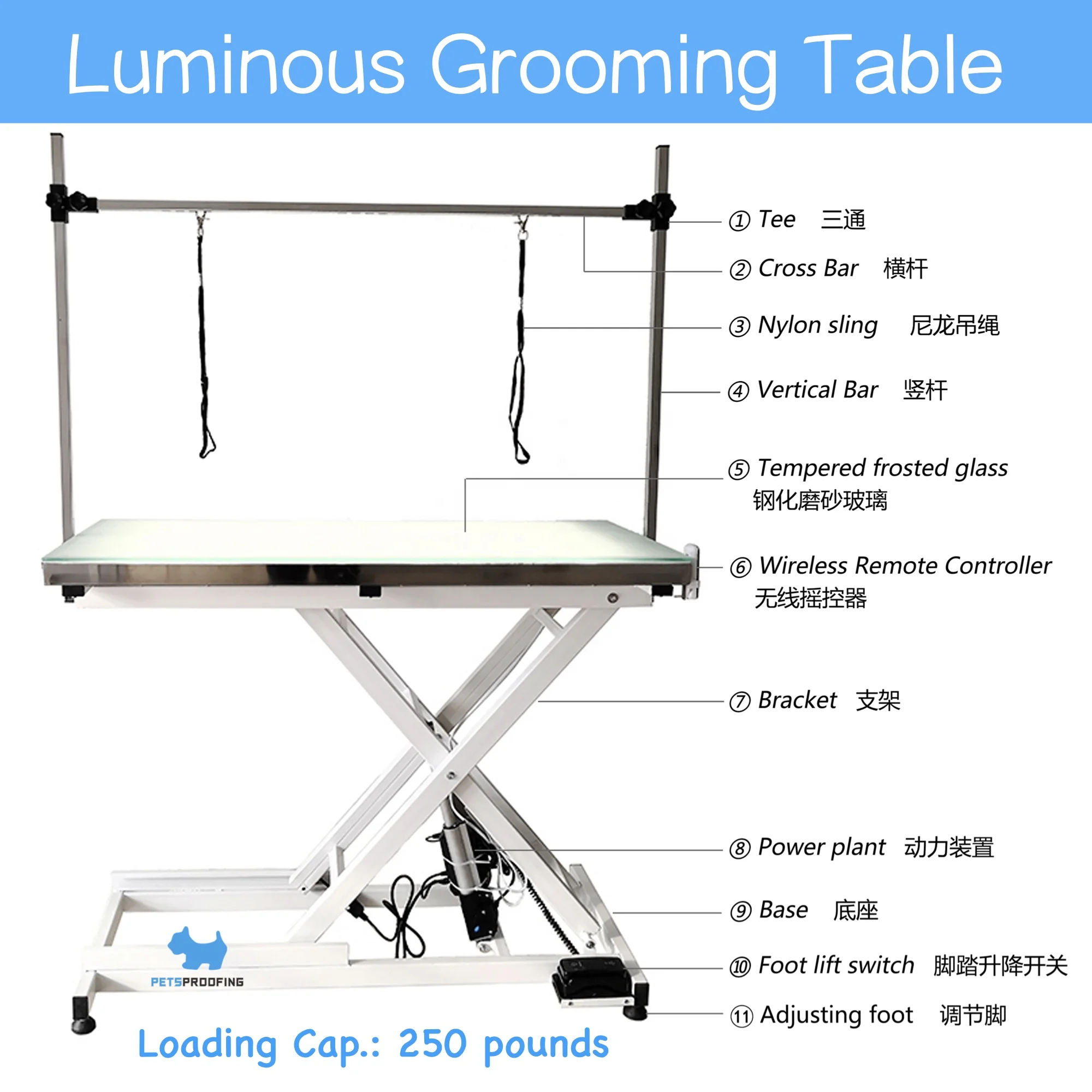 Adjustable Height Folding Hydraulic Air Lifting Dog Cat Pet Grooming Table Illuminated Electrical LED Stainless Hair Removal