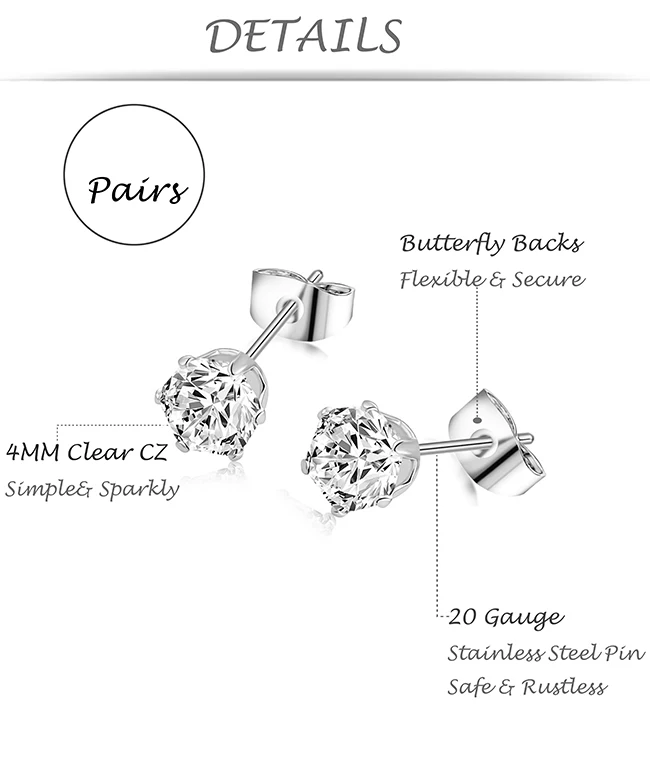 Zf 4mm 6mm 8mm Hypoallergenic Cubic Zirconia Stud Earrings 316l